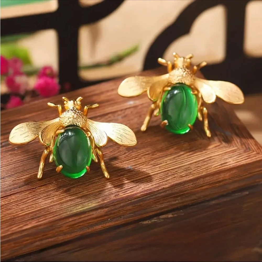 Elegant Gold and Green Bee Brooch Set